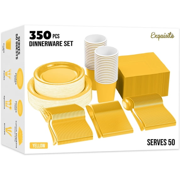 Exquisite 350 Piece Yellow Paper Party Plates & Tableware Dinnerware Set
