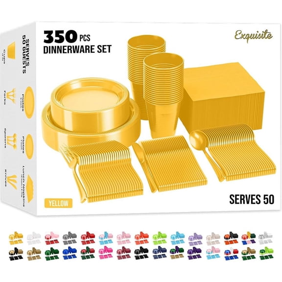 350 Pcs Yellow Plastic Plates For Party, Yellow Disposable Plates Set, 50 Of Each 9" Dinner Plate Set, 7" Dessert Plate, Cups, Napkins & Cutlery Plastic Dinnerware Set