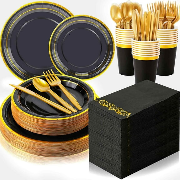 350-Piece Black Disposable Round Dinnerware Set with Gold-Rimmed Cups, Plates, Napkins, and Plastic Cutlery for Parties and Weddings