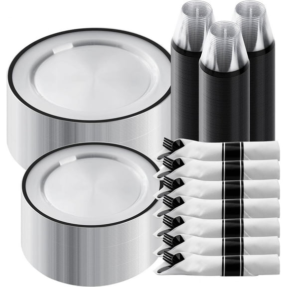 350 Piece Black Plastic Dinnerware Set for 50 Guests Includes Plates Napkins Cutlery and Cups