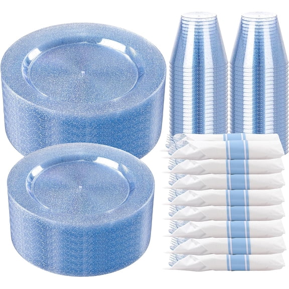 350 Piece Blue Glitter Disposable Dinnerware Set for 50 Guests