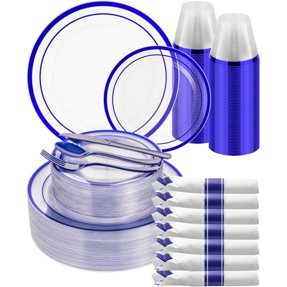 350 Piece Blue Plastic Plates, Clear Plastic Silverware Disposable Plates Set, Include 100Plates, 50Pack Pre Rolled Napkins with Silverware, 50Cups for Party, Wedding, Graduation