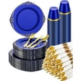 thumbnail image 1 of 350 Piece Clear Blue Plastic Dinnerware Set for 50 Guests, Fancy Disposable Plates, Include: 100 Blue Rim Plastic Plates, 150 Silverwares, 50 Pre Rolled Napkins, 50 Cups for Party, Wedding, 1 of 14
