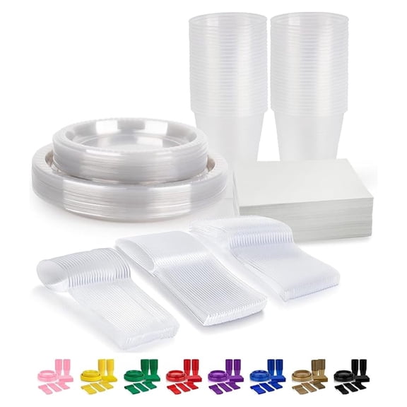 350 Piece Clear Disposable Dinnerware Set - Plastic Plates, Cups, Silverware & Napkins - Party Supplies for 50 Guests - Durable & BPA Free