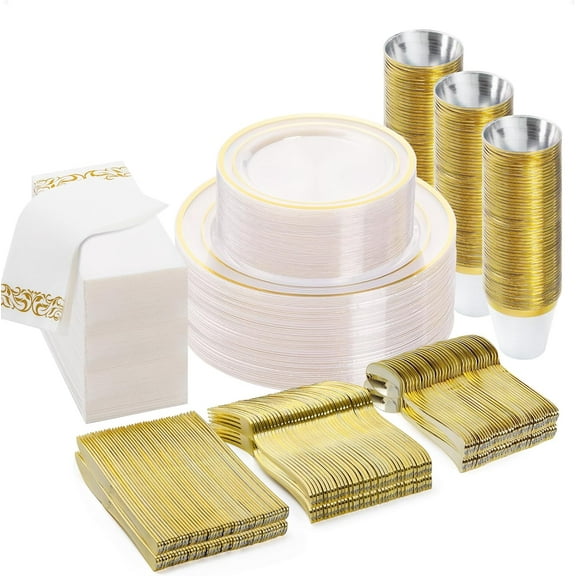 350-Piece Clear Gold Disposable Dinnerware Set for 50 Guests Including Plates Cups Silverware and Napkins