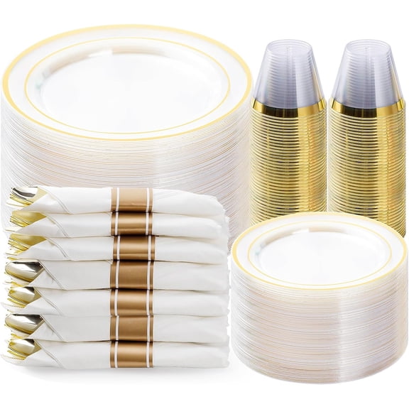350 Piece Clear Gold Plastic Dinnerware Set for 50 Guests | Disposable 100 Plates, 50 Pre-Rolled Napkins with Silverware, 50 Cups
