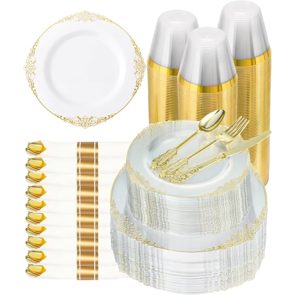 350 Piece Clear Gold Plastic Dinnerware Set for 50 Guests