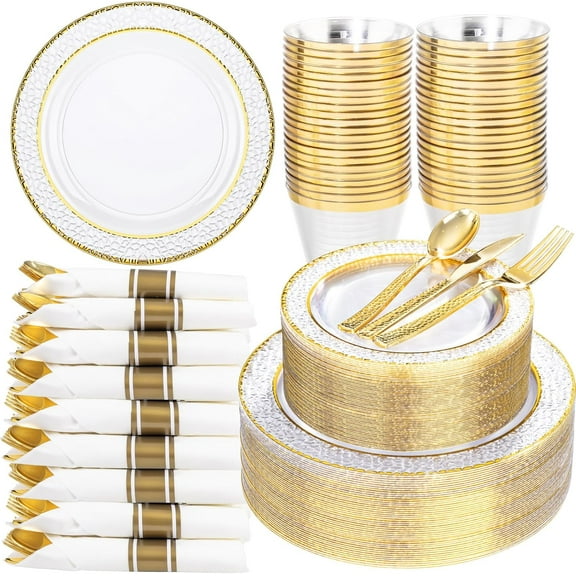 350-Piece Clear Plastic Dinnerware Set with Gold Trim for 50 Guests