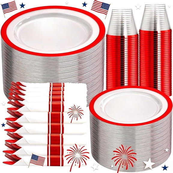 350 Piece Clear Red Dinnerware Set for 50 Guests Including Plates Cups Napkins and Cutlery