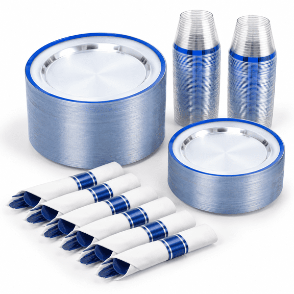 350-Piece Clear and Blue Disposable Dinnerware Set for Pool Beach Parties
