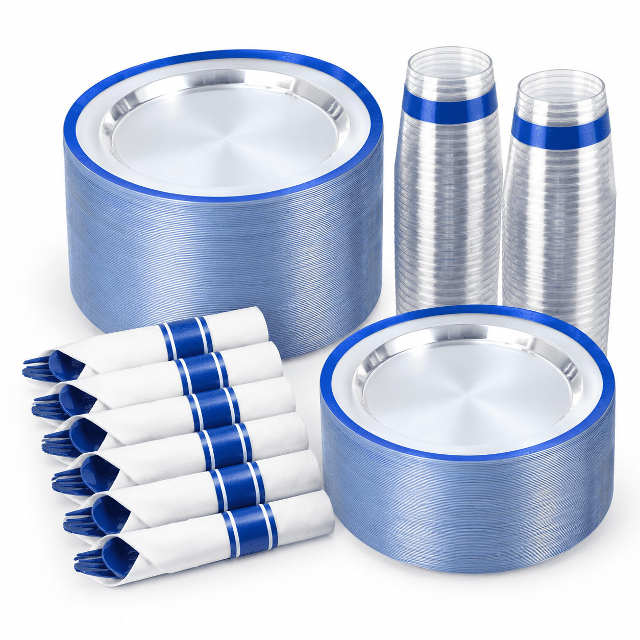 350-Piece Clear and Blue Plastic Party Dinnerware Set for Pool and ...