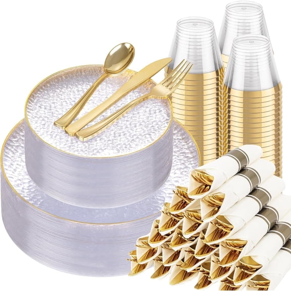 350 Piece Clear and Gold Plastic Dinnerware Set with Dinner Plates Dessert Plates Cups and Napkins