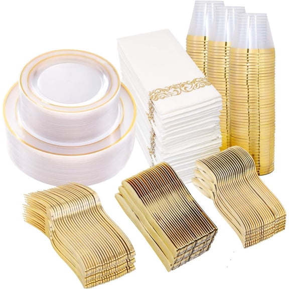 350 Piece Clear and Gold Plastic Plates Disposable Dinnerware Set for 50 Guests