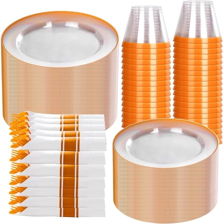 350-Piece Clear and Orange Disposable Dinnerware Set for 50 Guests