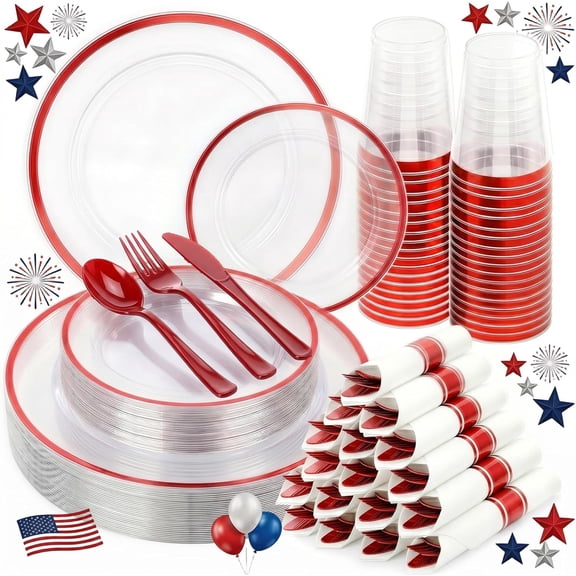 350-Piece Clear and Red Disposable Dinnerware Set for 50 Guests