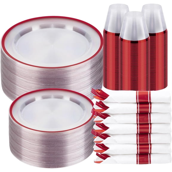 350 Piece Clear and Red Disposable Party Set for 50 Guests Including Plates Cups Napkins and Cutlery