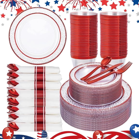350 Piece Clear and Red Plastic Dinnerware Set for 50 Guests Including Plates Napkins Cutlery and Cups