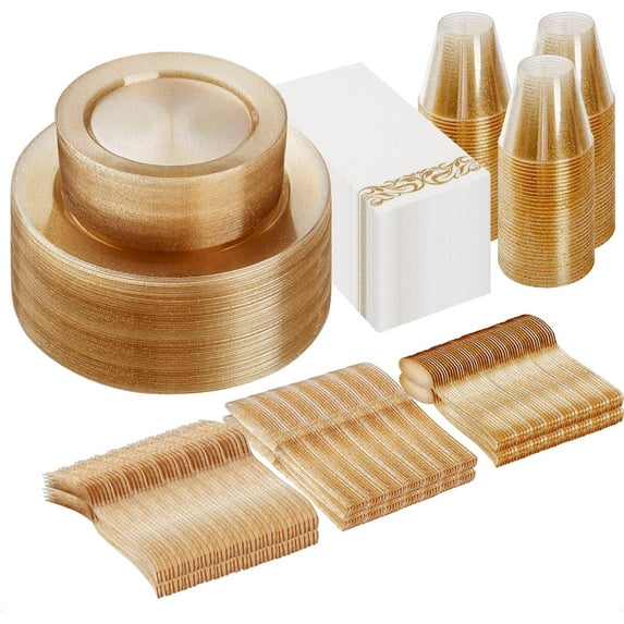 350 Piece Dinnerware Set for 50 Guests, Plastic Plates Disposable for Party, Include: 100 Gold Glitter Plastic Plates, 50 Paper Napkins, 50 Cups, 50 Gold Glitter Plastic Silverware Set