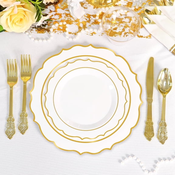 350 Piece Dinnerware Set for Wedding & Party,50 Guest Rim Plastic Plates,50 Plastic Silverware,50 Cups,50 Linen Like Napkins (Gold)