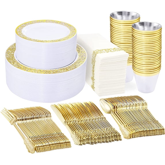 350 Piece Disposable Plastic Dinnerware set. Gold Lace Design Plastic Plate include 50 Dinner Plates -50 Dessert Plates - 50 Gold Silverware - 50 Gold Cups - 50 Napkins for Wedding Party