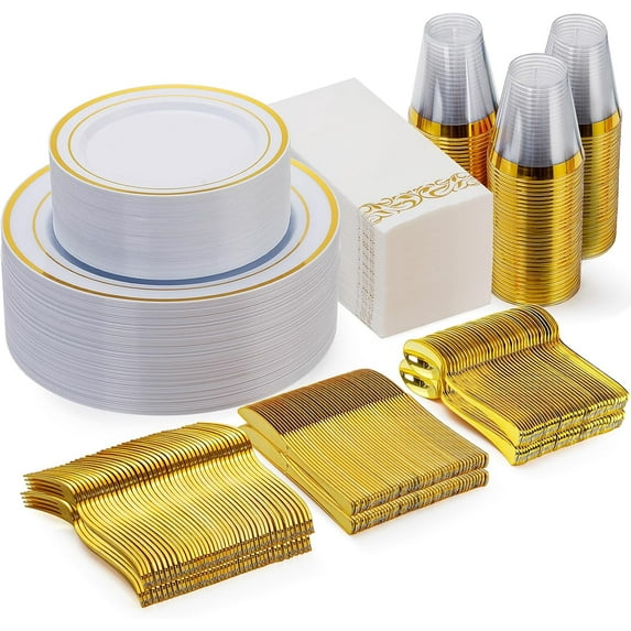 350 Piece Gold Dinnerware Set for 50 Guests, Plastic Plates Disposable for Party, Include: 50 Gold Rim Dinner Plates, 50 Dessert Plates, 50 Paper Napkins, 50 Cups, 50 Gold Silverware Set