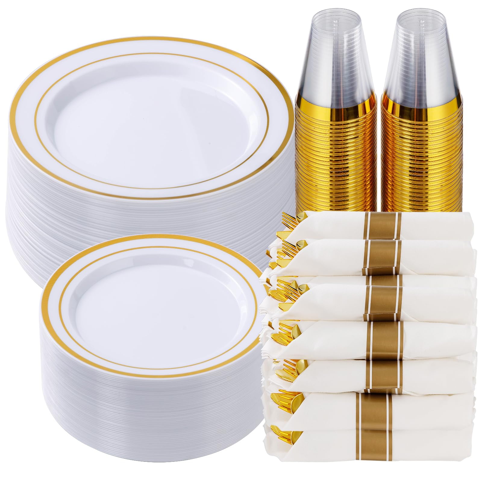 TAIMASI Gold Dinnerware Set Disposable Plastic Plates for 50 Guests, Party Supply Set, 350 Pieces