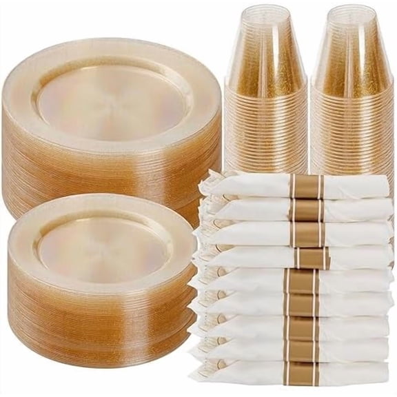 350 Piece Gold Glitter Plastic Dinnerware Set for 50 Guests, Disposable Plates for Party, Include: 50 Dinner Plates, 50 Dessert Plates, 50 Rolled Napkins with Silverware, 50 Cups