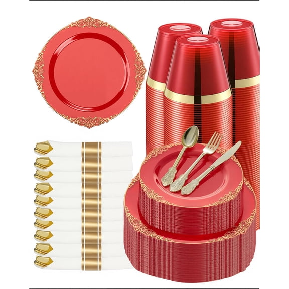 350-Piece Gold Plastic Dinnerware Set for 50 Guests, Includes Gold Rim Plates, Silverware, Pre-Rolled Napkins, and Cups for Party or Wedding