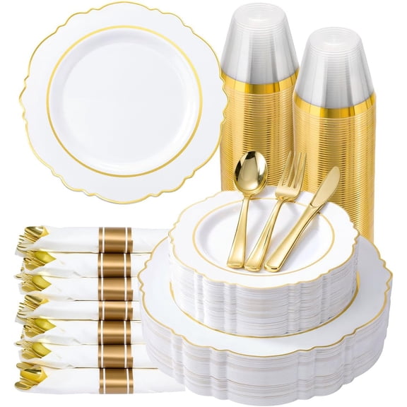 350 Piece Gold Rim Disposable Dinnerware Set for 50 Guests Includes Plates Cups Napkins and Silverware