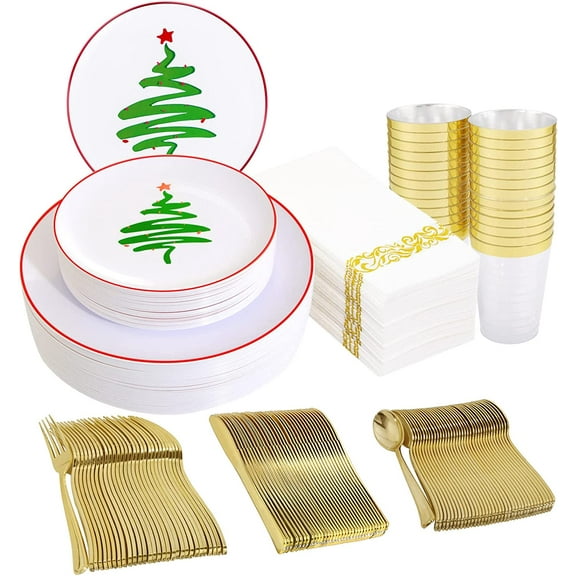350-Piece Green and White Christmas Plastic Dinnerware Set with Tree Design