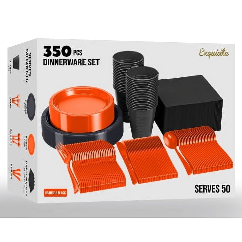 Halloween Orange and Black Disposable Party Dinnerware Set, 350 Pieces