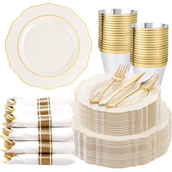 350 Piece Ivory Plastic Plates with Gold Rim for Wedding and Party