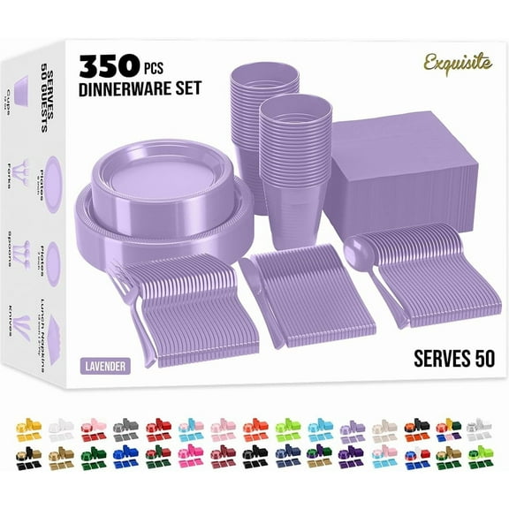 350 Piece Lavender Disposable Dinnerware Set with 9 Inch Dinner Plates 7 Inch Dessert Plates Cups Napkins and Cutlery