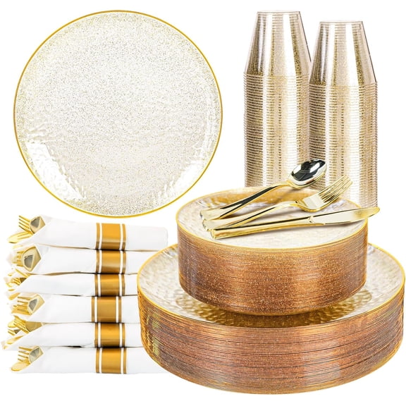 350 Piece Plastic Dinnerware Set for 50 Guests Including Dinner Plates Dessert Plates Cups and Gold Cutlery