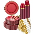 thumbnail image 1 of 350 Piece Red Dinnerware Set for 50 Guests, Fancy Disposable Plates, Include: 100 Red Rim Plastic Plates, 150 Silverwares, 50 Pre Rolled Napkins, 50 Cups for Party, Wedding, 1 of 13