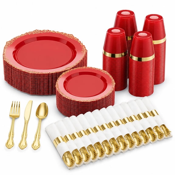350 Piece Red Dinnerware Set for 50 Guests: Fancy Disposable Plastic Plates with Gold Rim, Silverware, Pre-Rolled Napkins, Cups Party Wedding Use