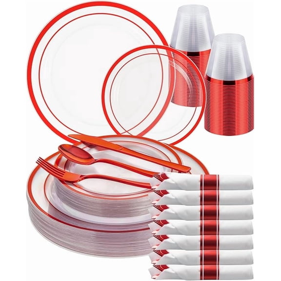 MY 350 Piece Red Plastic Plates, Clear Plastic Silverware Disposable Plates Set, Include 100Plates, 50Pack Pre Rolled Napkins with Silverware, 50Cups for Party, Christmas, Graduation, Weddin