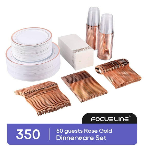 350 Piece Rose Gold Dinnerware Set 50 Guest -100 Rose Gold Plastic Plates - 50 Plastic Silverware - 50 Plastic Cups - 50 Linen Feel Paper Napkins, FOCUSLINE Disposable Dinnerware Set