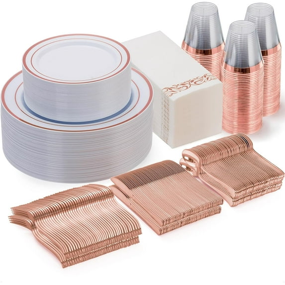 350 Piece Rose Gold Dinnerware Set for 50 Guests, Plastic Plates Disposable for Party, Include: 50 Dinner Plates, 50 Dessert Plates, 50 Paper Napkins, 50 Cups, 50 Silverware Set
