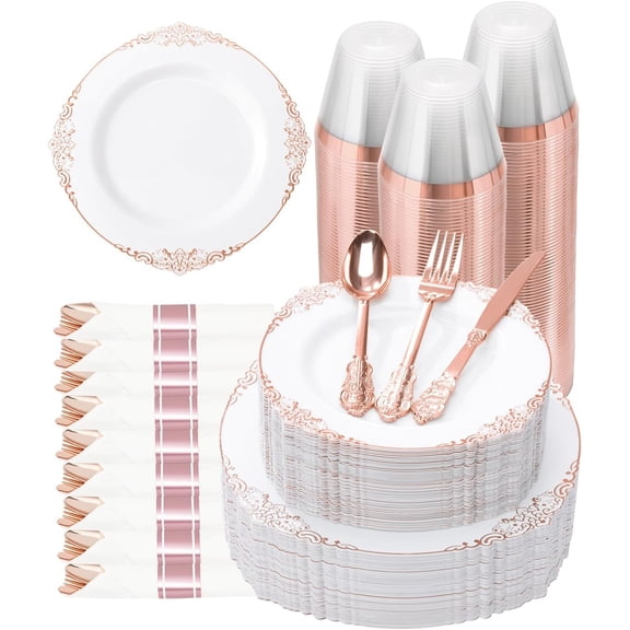 350 Piece Rose Gold Plastic Dinnerware Set for 50 Guests,Fancy Disposable Plates,Include: 100 Rose Gold Rim Plastic Plates,150 Silverwares,50 Pre Rolled Napkins,50 Cups for Party,Wedding
