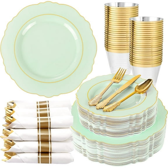 350-Piece Sage Green Disposable Dinnerware Set with Plates Napkins Silverware and Cups