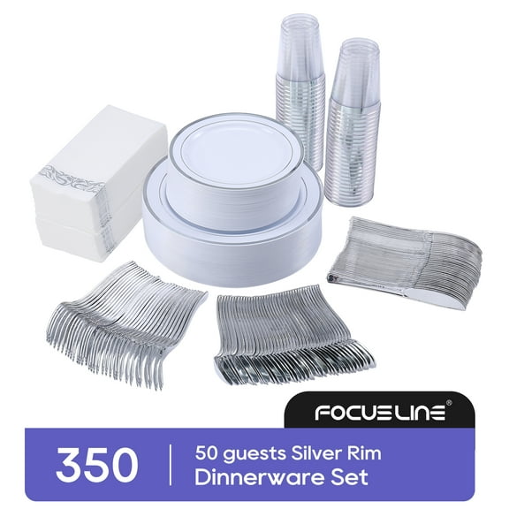 350 Piece Silver Dinnerware Set 50 Guest-100 Silver Rim Plastic Plates-50 Silver Plastic Silverware-50 Silver Plastic Cups-50 Linen Feel Silver Paper Napkins,FOCUSLINE Disposable Dinnerware Set