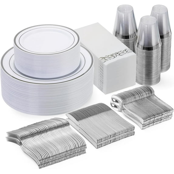 350 Piece Silver Dinnerware Set for 50 Guests, disposable Plastic Plates for Party, Include: 50 Dinner Plates, 50 Dessert Plates, 50 Paper Napkins, 50 Cups, 50 Silverware set
