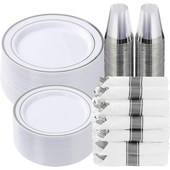 350 Piece Silver Plastic Dinnerware Set for 50 Guests, Fancy Disposable Plates for Party, Include: 50 Dinner Plates, 50 Dessert Plates, 50 Pre Rolled Napkins with Silver Silverware, 50 Cups