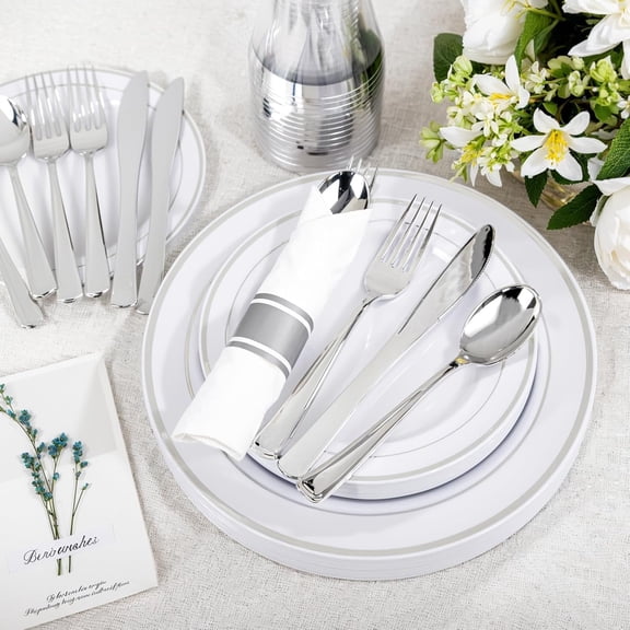 350-Piece Silver Plastic Dinnerware Set - Disposable 10.25" Dinner Plates, 7.5" Dessert Plates, 9oz Silver Rim Cups & Cutlery for Weddings - 50 Guest Service - Elegant Disposable Silverware