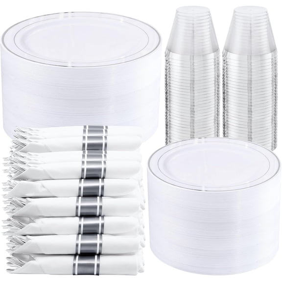 350-Piece Silver Plastic Dinnerware Set - Disposable 10.25" Dinner Plates, 7.5" Dessert Plates, 9oz Silver Rim Cups & Cutlery for Weddings - 50 Guest Service - Elegant Disposable Silverware
