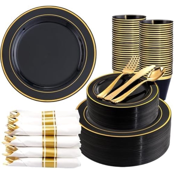 350 Pieces Black and Gold Plastic Plates with Disposable Silverware, Include 50 Dinner Plates 9”, 50 Dessert Plates 6.3”, 50 Black Cups 9 OZ, 50 Pre Rolled Napkins for New Year