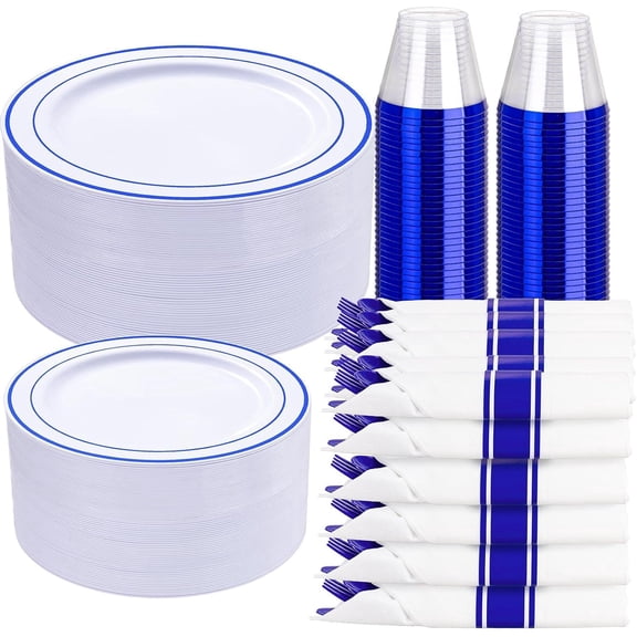 350 Pieces Blue Plastic Plates - Disposable Silverware and Cups, Include: 50 Dinner Plates 10.25, 50 Dessert Plates 7.5, 50 Blue Cups 9 OZ, 50 Plastic Cutlery