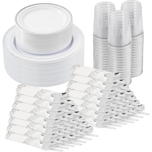 350 Pieces Gold Disposable Plates for 50 Guests, Disposable Plastic Plates for Party, Wedding, Dinnerware Set of 50 Dinner Plates, 50 Salad Plates,50 Cups and 50 Paper Napkins, Silver