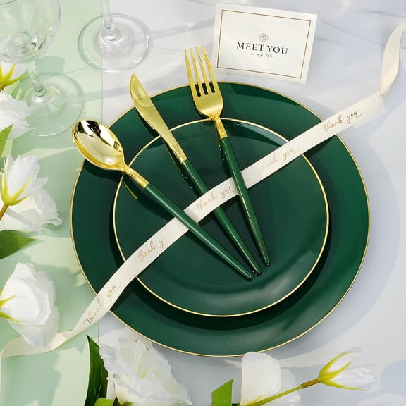 350 Pieces Green Gold Plastic Dinnerware Set for Christmas Party